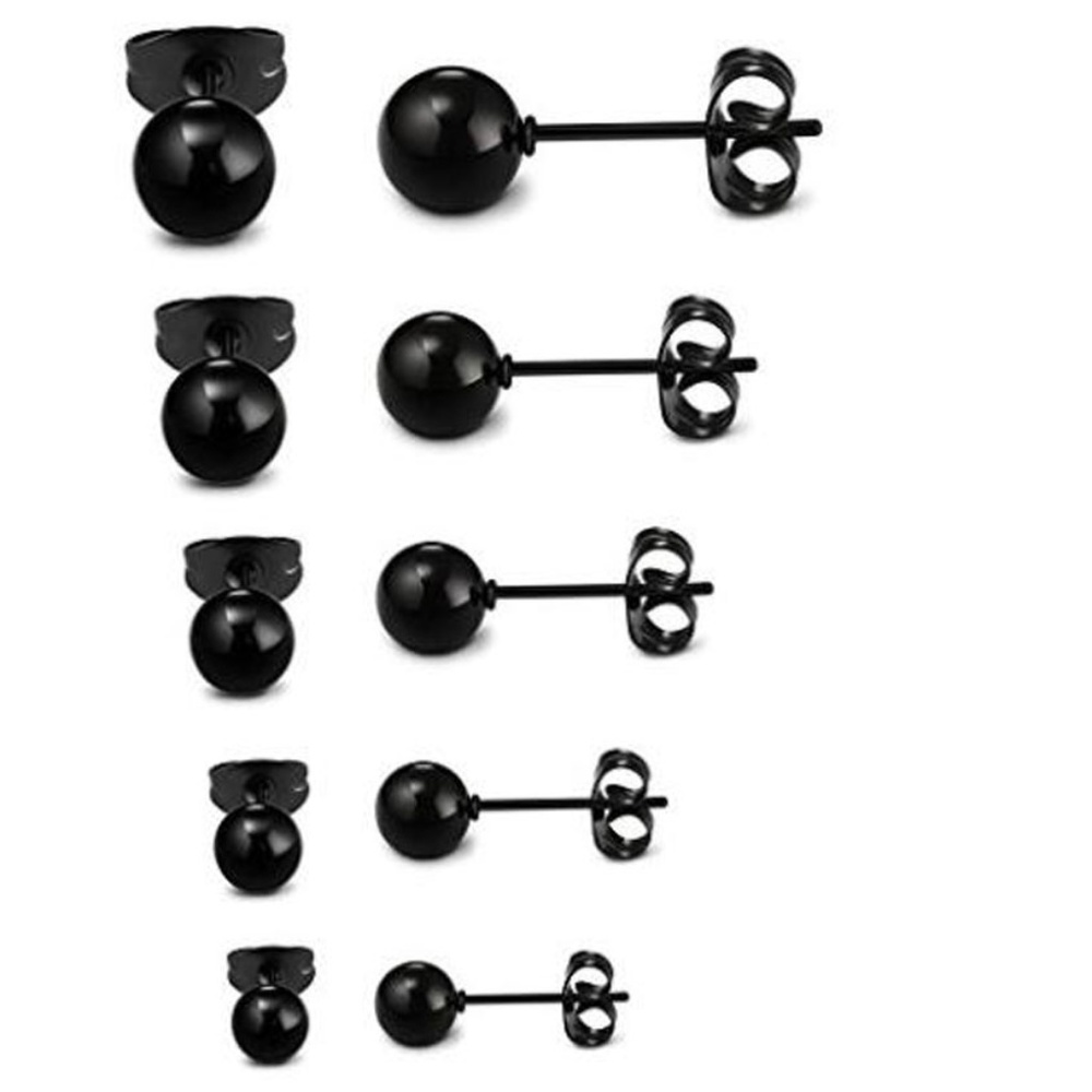 5 Pair Black Round Solid Ball Stud Earrings
